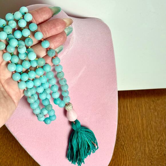 52 Inch Aventurine Mala Necklace With Rose Quartz Tagua Nut - Picture 4 of 10